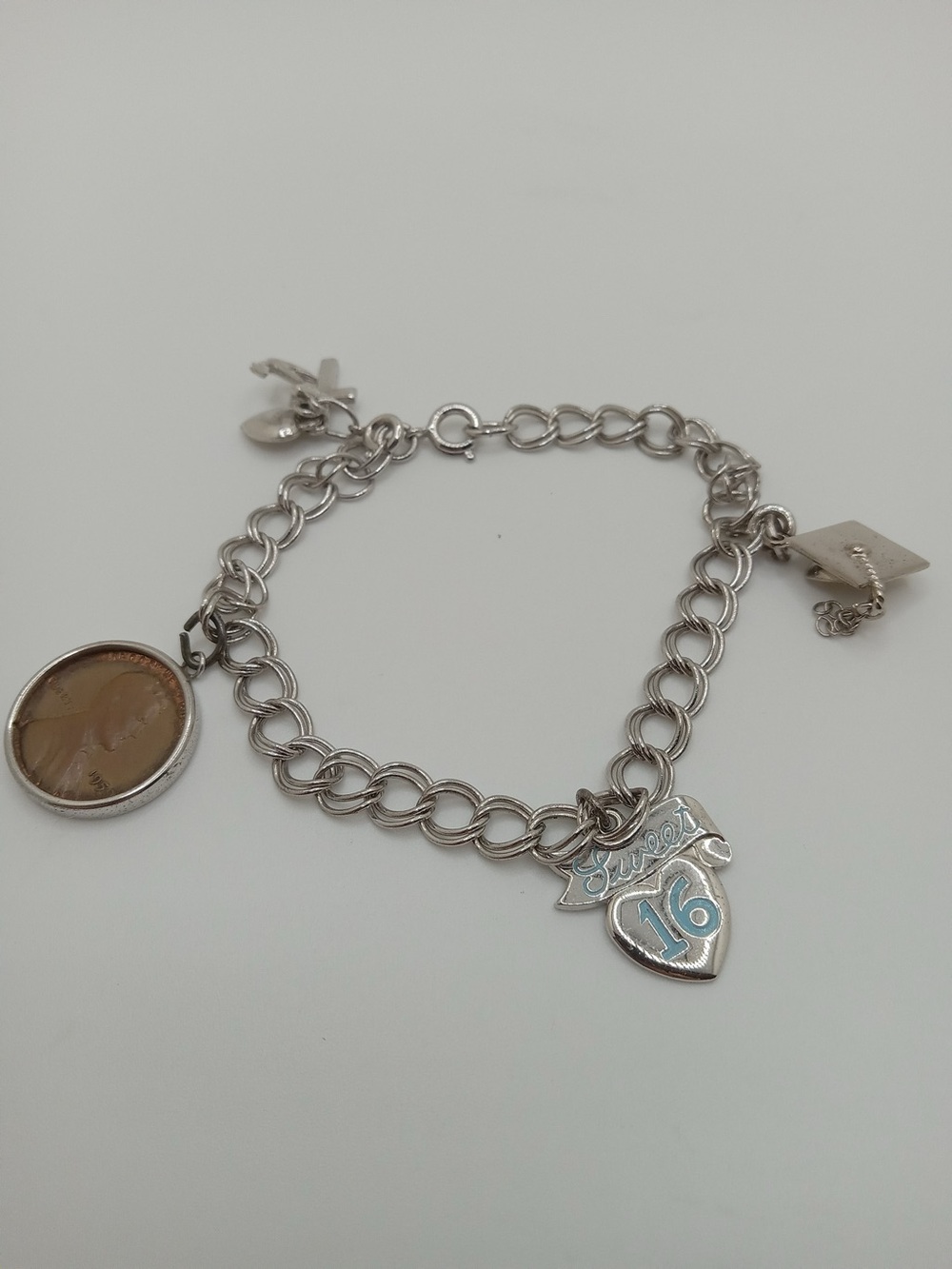 Vintage Sterling Silver Charm Bracelet 16g Sweet 16 1959 Penny Cross Anchor